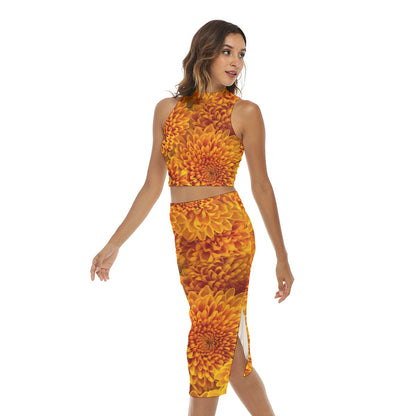 “Orange Chrysanthemum” Women's Tank Top & Split High Skirt Set