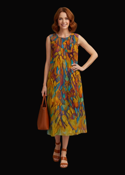 “Gilded Pathways” Women's Sleeveless Dress With Pocket|125GSM Slub Cotton