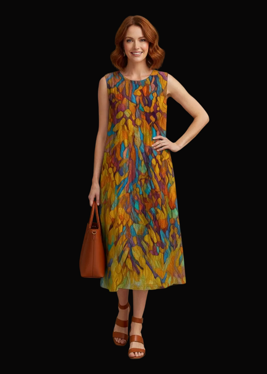 “Gilded Pathways” Women's Sleeveless Dress With Pocket|125GSM Slub Cotton