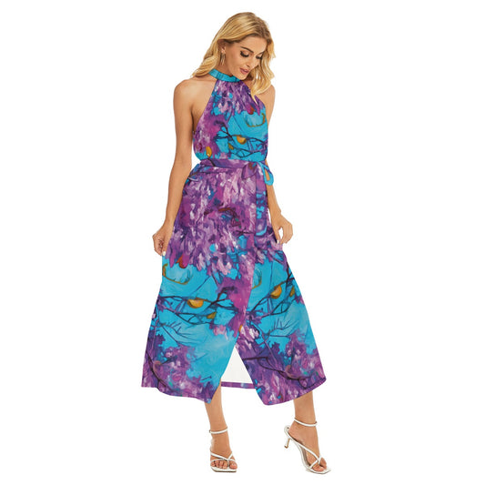 “Jacaranda Season” (Cobalt) Women's Wrap Hem Belted Halter Dress