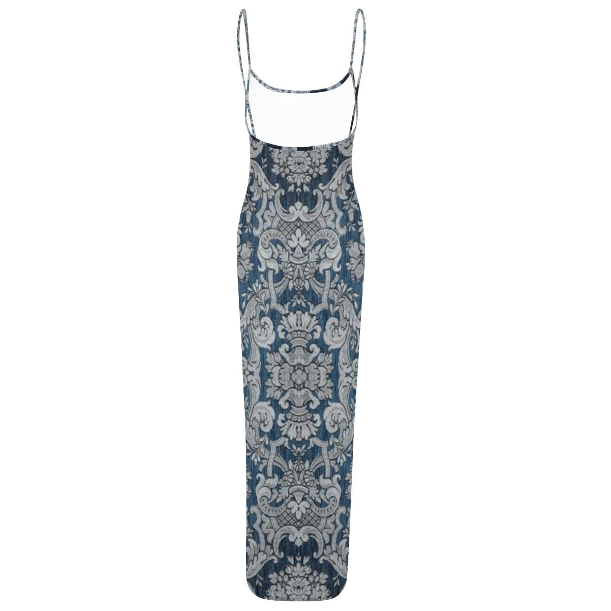 “Blue Damascus” Women's Sheer Mesh Backless Spaghetti Strap Maxi Dress