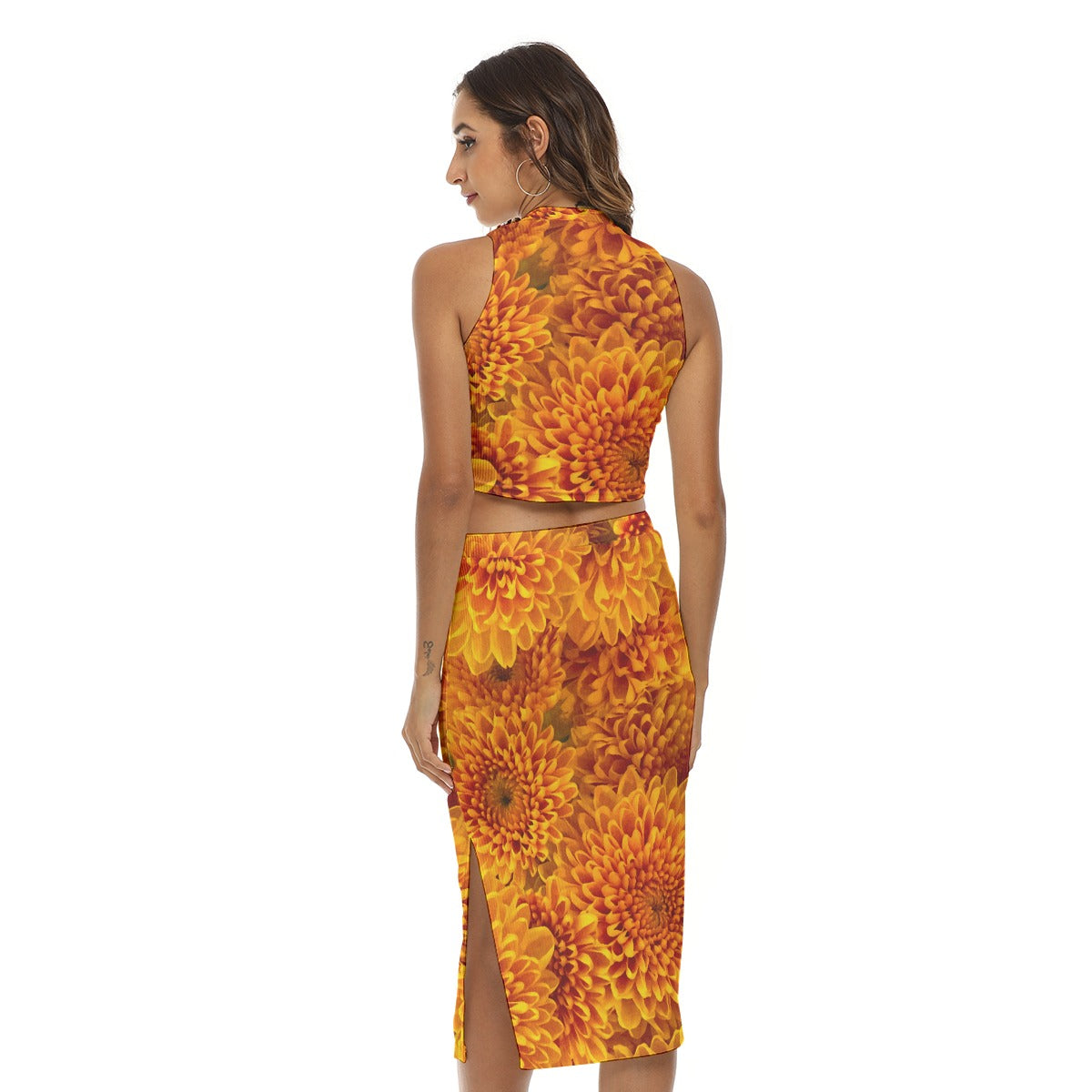 “Orange Chrysanthemum” Women's Tank Top & Split High Skirt Set