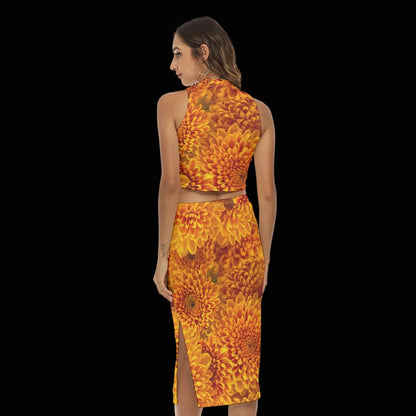 “Orange Chrysanthemum” Women's Tank Top & Split High Skirt Set