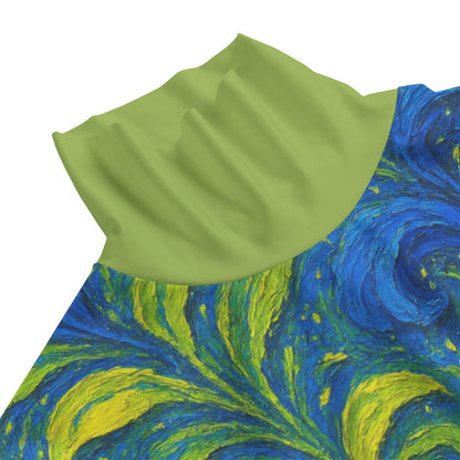 “Cobalt Meadow” Women's Turtleneck T-shirt With Sloping Hem