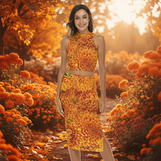 “Orange Chrysanthemum” Women's Tank Top & Split High Skirt Set