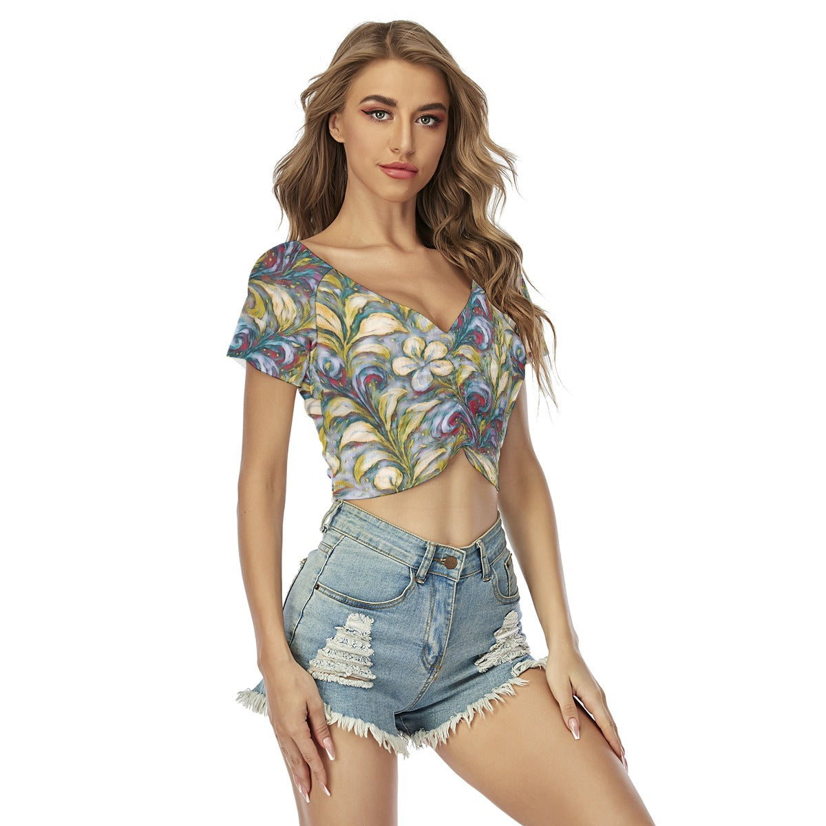 “Whispers of Spring” Women's Raglan Drawstring Front  Crop Tee