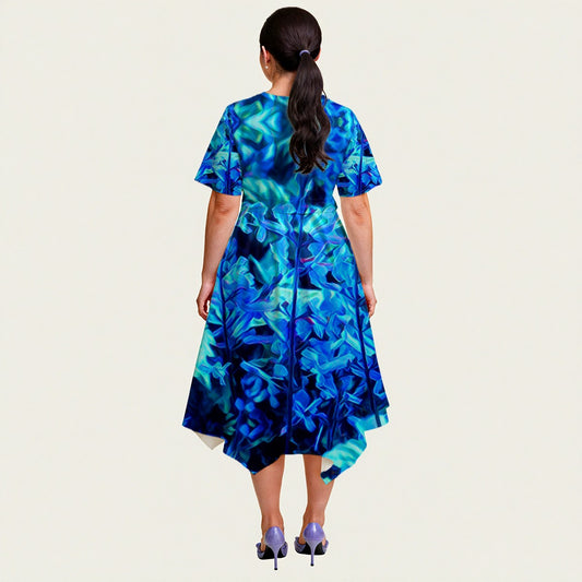 “Electric Blue”  Women's Short Sleeve Belted Midi Dress