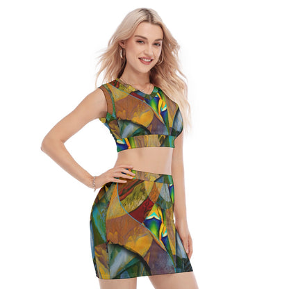 “Earthen Tessellation”  Women's Collarless V Collar Vest Skirt Suit