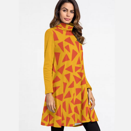 “Tangerine Tease” Women's High Neck Dress With Long Sleeve