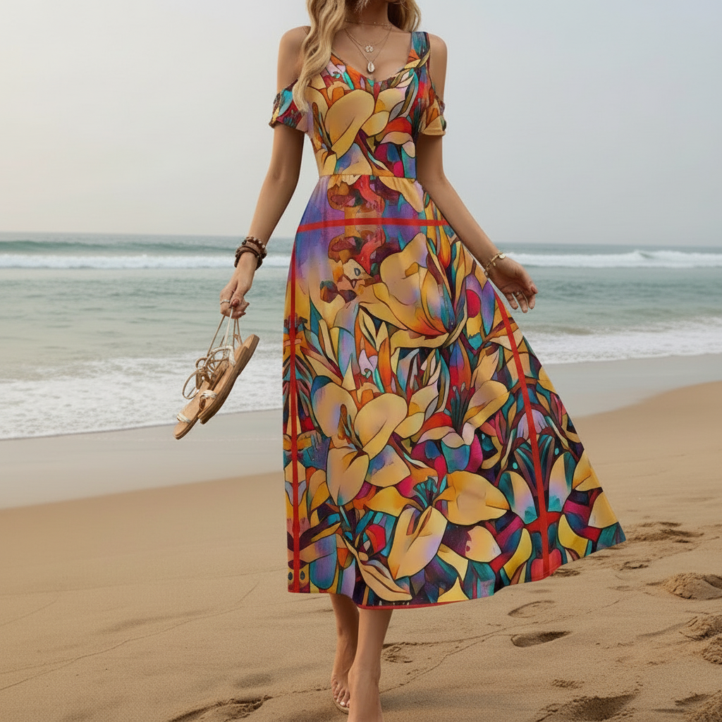 “Fragmented Bloom”  Women's V-neck Off-shoulder Dress