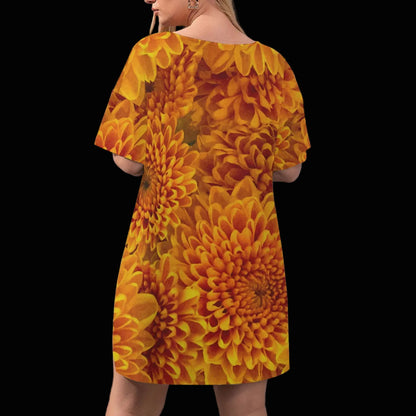 “Orange Chrysanthemum” Women's Drop-Shoulder T-Shirt with Side Split and Shorts (Plus Size)