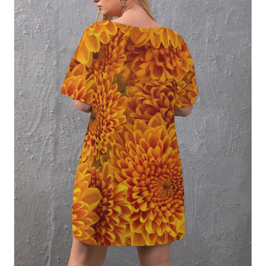 “Orange Chrysanthemum” Women's Drop-Shoulder T-Shirt with Side Split and Shorts (Plus Size)
