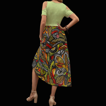 “Zedomina Sage” Women's V-neck Off-shoulder Dress