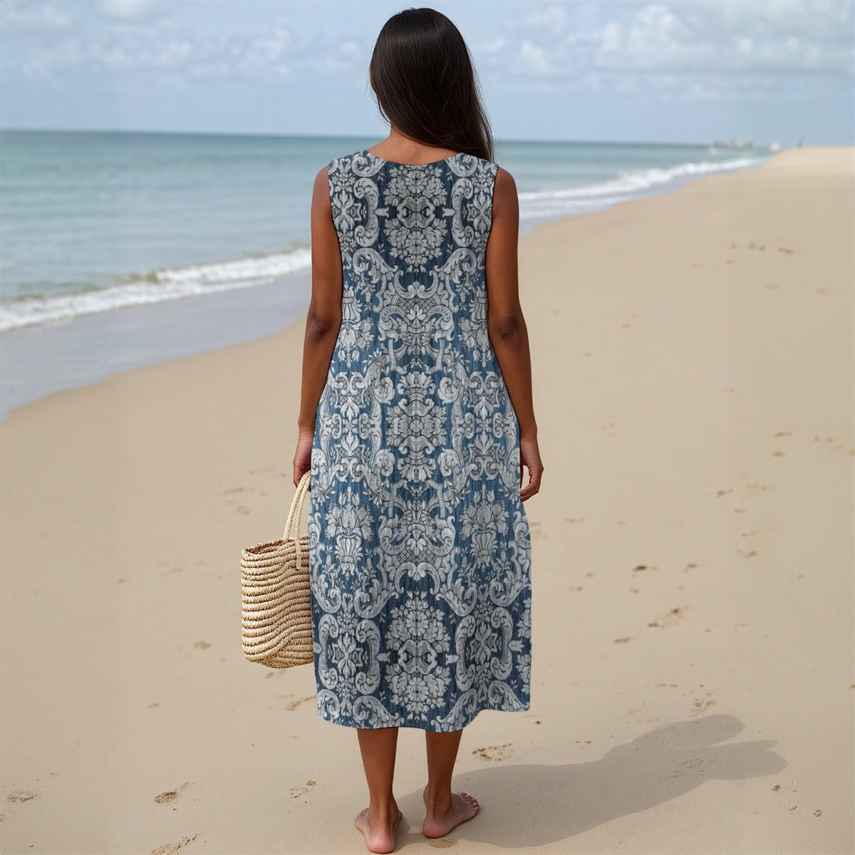 ‘Blue Damascus” Women's Sleeveless Dress With Pocket|125GSM Slub Cotton