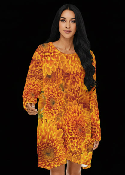 “Orange Chrysanthemum” Women's Loose Crew Neck Dress