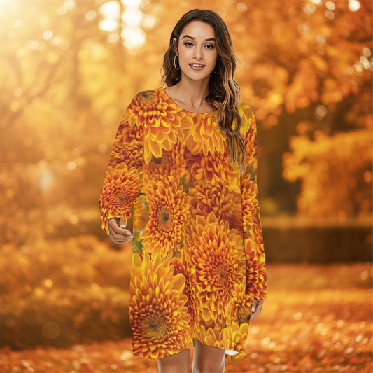 “Orange Chrysanthemum” Women's Loose Crew Neck Dress