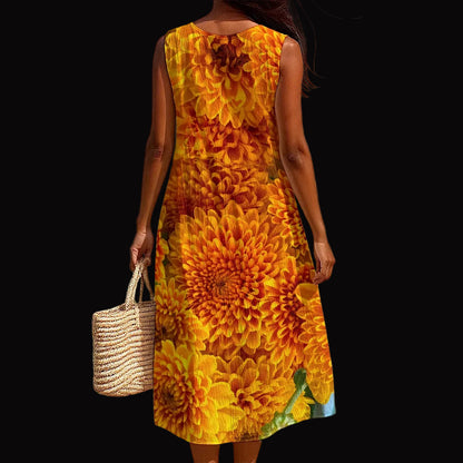 “Orange Chrysanthemum” Women's Sleeveless Dress