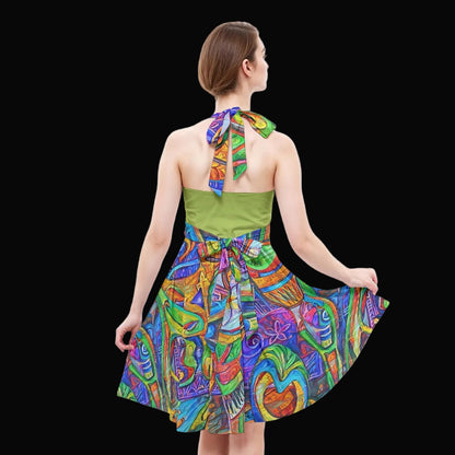 “Tropical Kaleidoscope” Women’s Halter Skater Dress