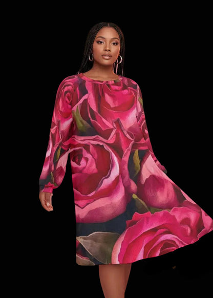 “Rose Red” Women's Dress With Raglan Sleeve(Plus Size)