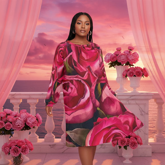 “Rose Red” Women's Dress With Raglan Sleeve(Plus Size)