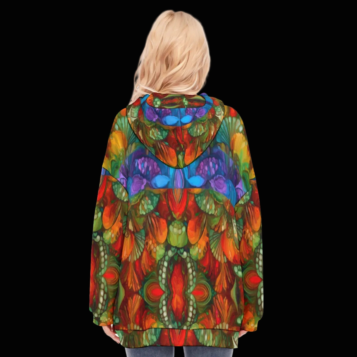 “Kaleidoscopic Spectrum” Women's Long Hoodie With Zipper Closure