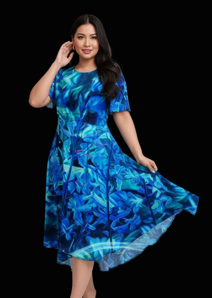 “Electric Blue”  Women's Short Sleeve Belted Midi Dress