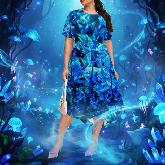 “Electric Blue”  Women's Short Sleeve Belted Midi Dress