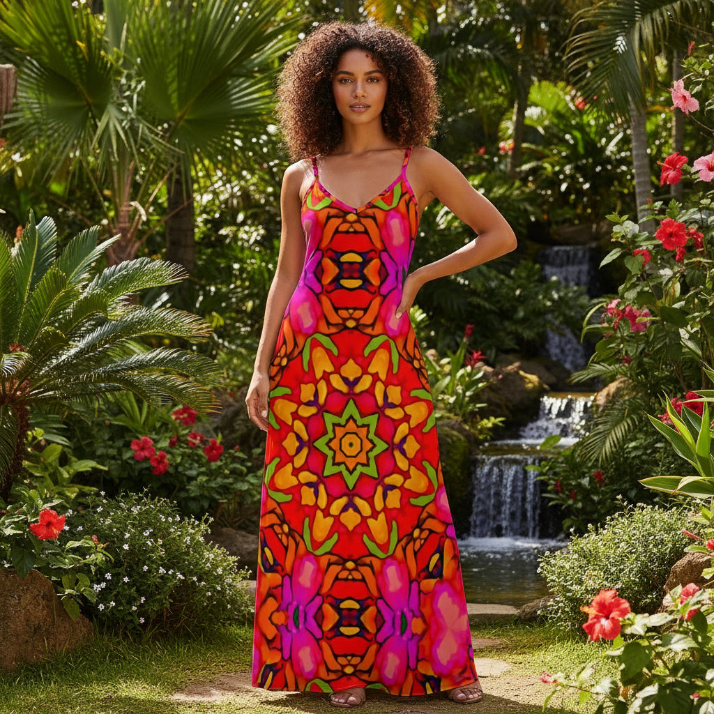 “Prismatic Petals” Women's Elegant V-Neck Maxi Dress