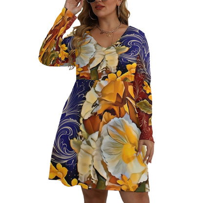 “Solara” Women's V-neck Long Sleeve Dress(Plus Size)