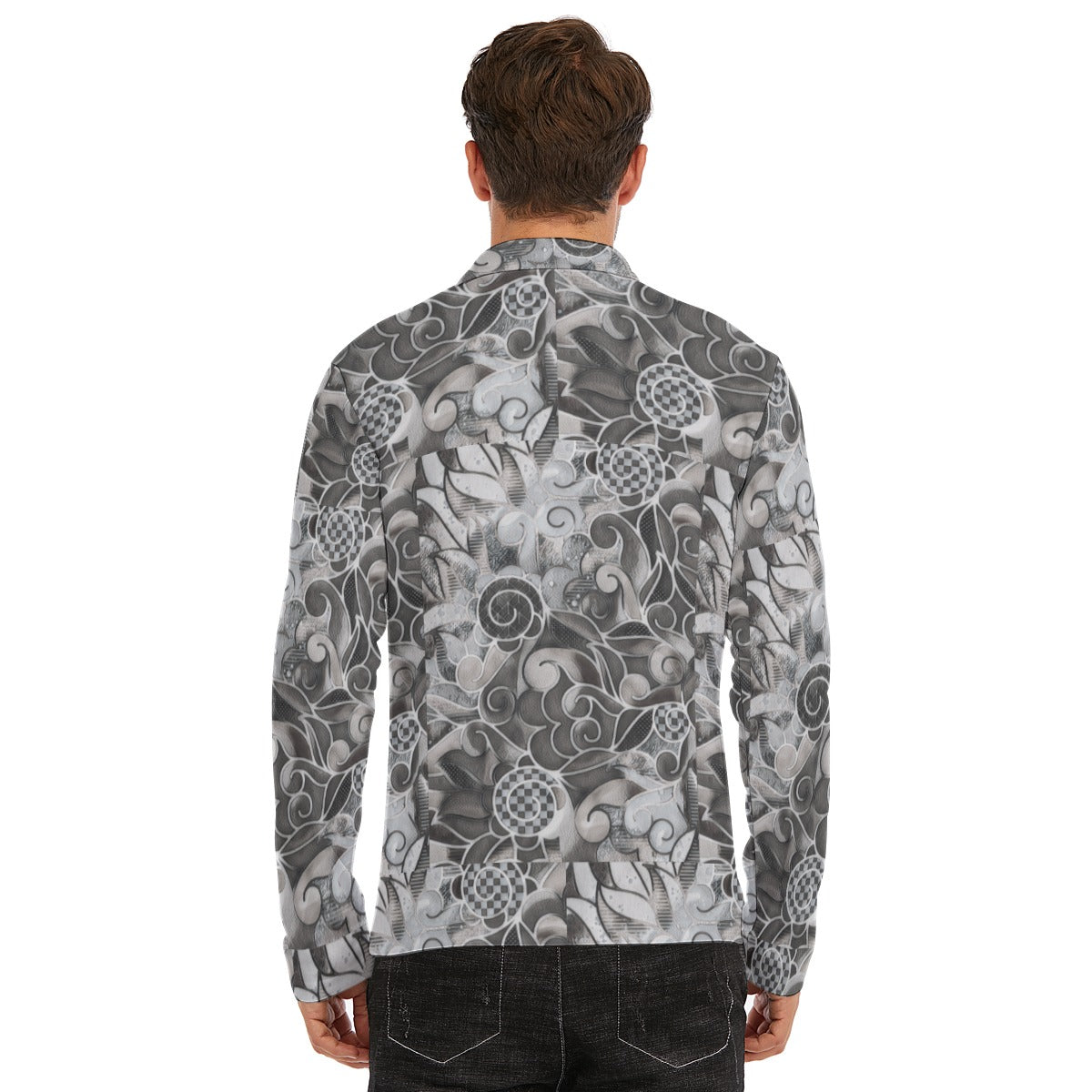 “Verdant Tapestry- Grey” Men's Lapel T-shirt With Neckline Zipper Closure