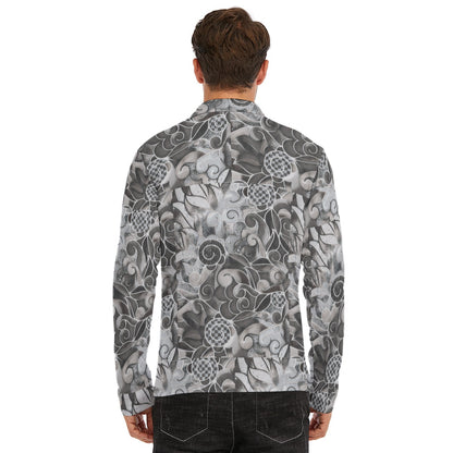 “Verdant Tapestry- Grey” Men's Lapel T-shirt With Neckline Zipper Closure