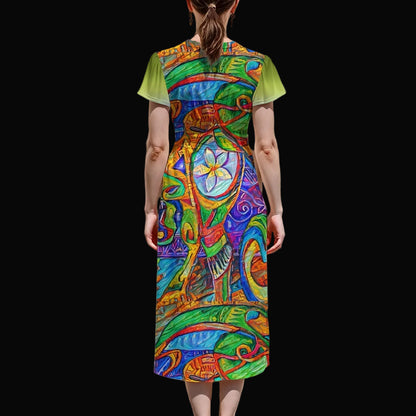 “Tropical Kaleidoscope” Women's V-Neck Flutter Sleeve Midi Dress
