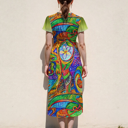 “Tropical Kaleidoscope” Women's V-Neck Flutter Sleeve Midi Dress