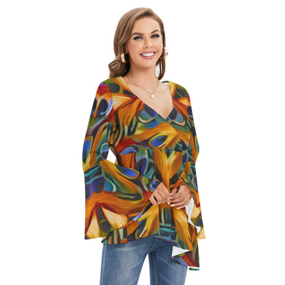 “Exotic Rhythms” Women's V-neck Blouse With Flared Sleeves