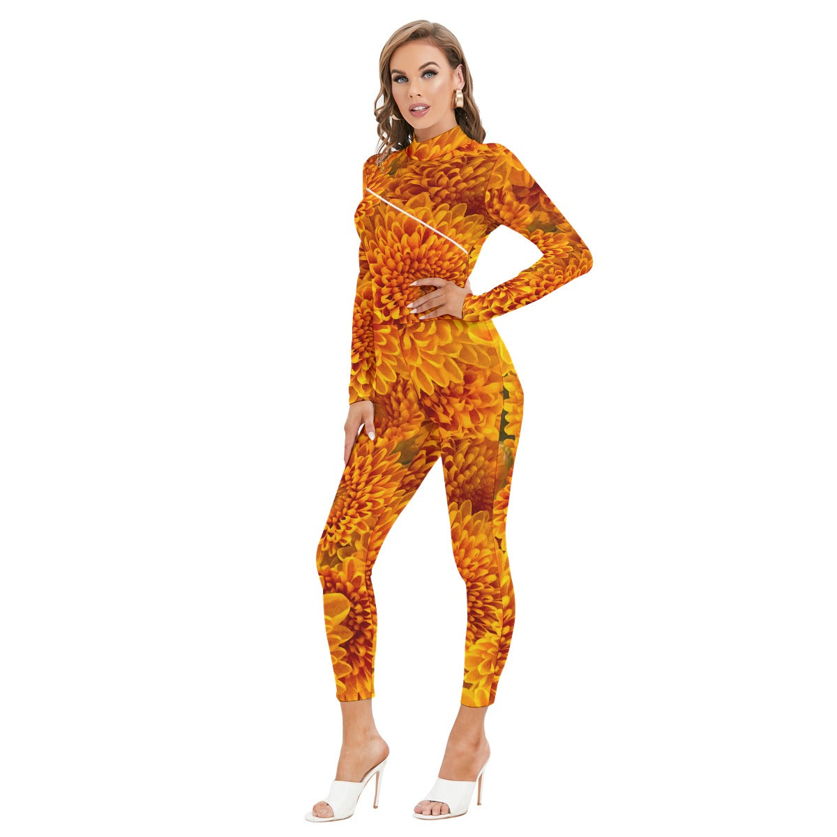 “Orange Chrysanthemum” Women's Long-sleeved High-neck Jumpsuit With Zipper