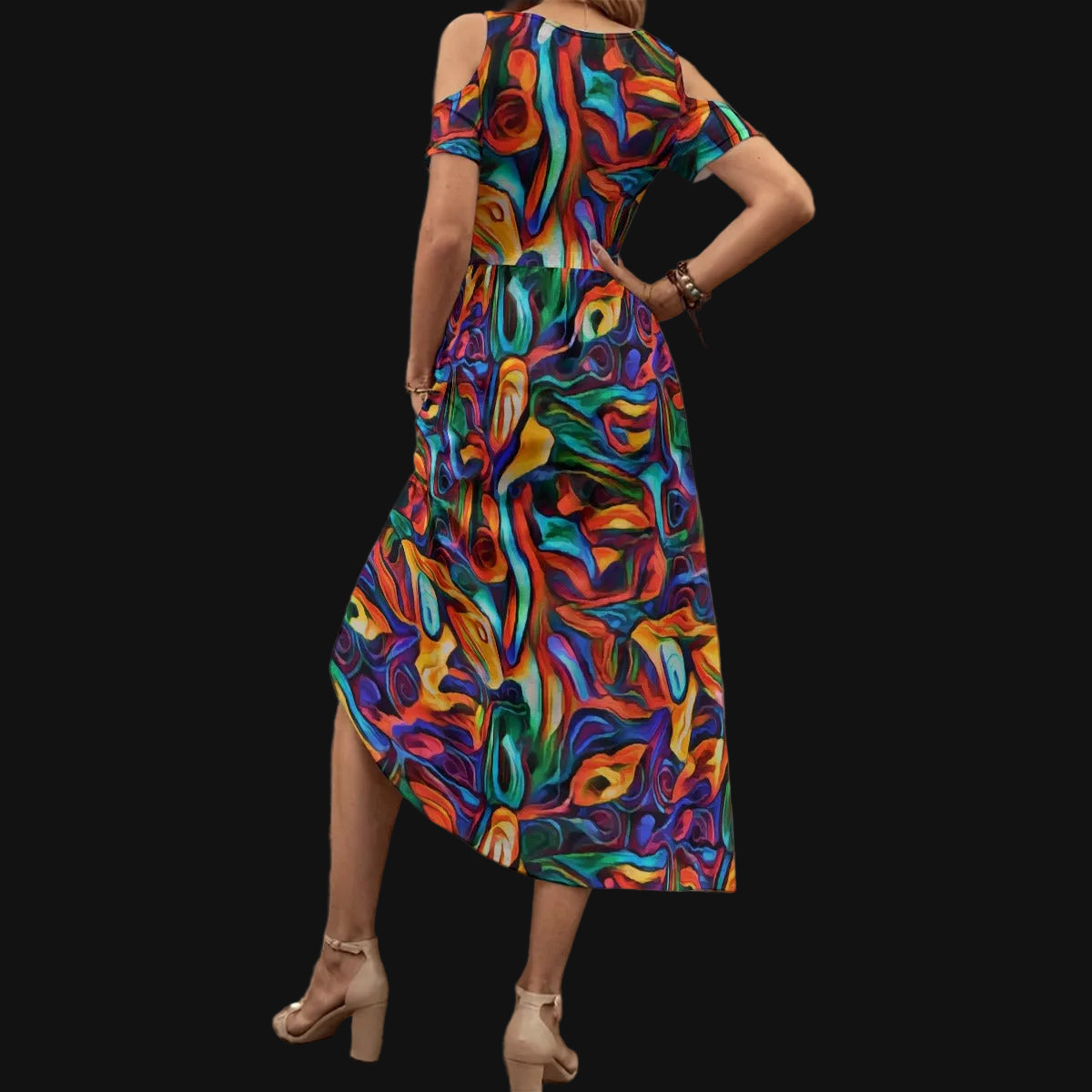 “Black Opal” Women's V-neck Off-shoulder Dress