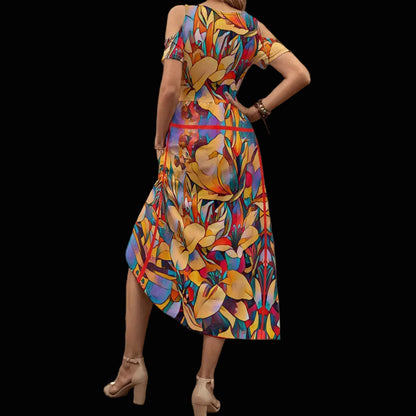 “Fragmented Bloom”  Women's V-neck Off-shoulder Dress