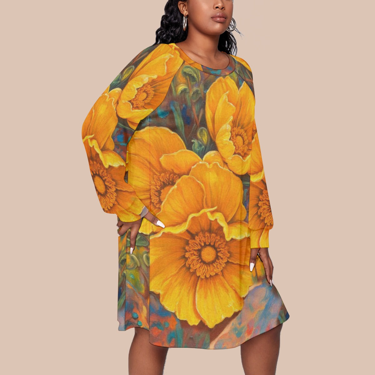 “Golden Cascade” Women's Dress With Raglan Sleeve(Plus Size)