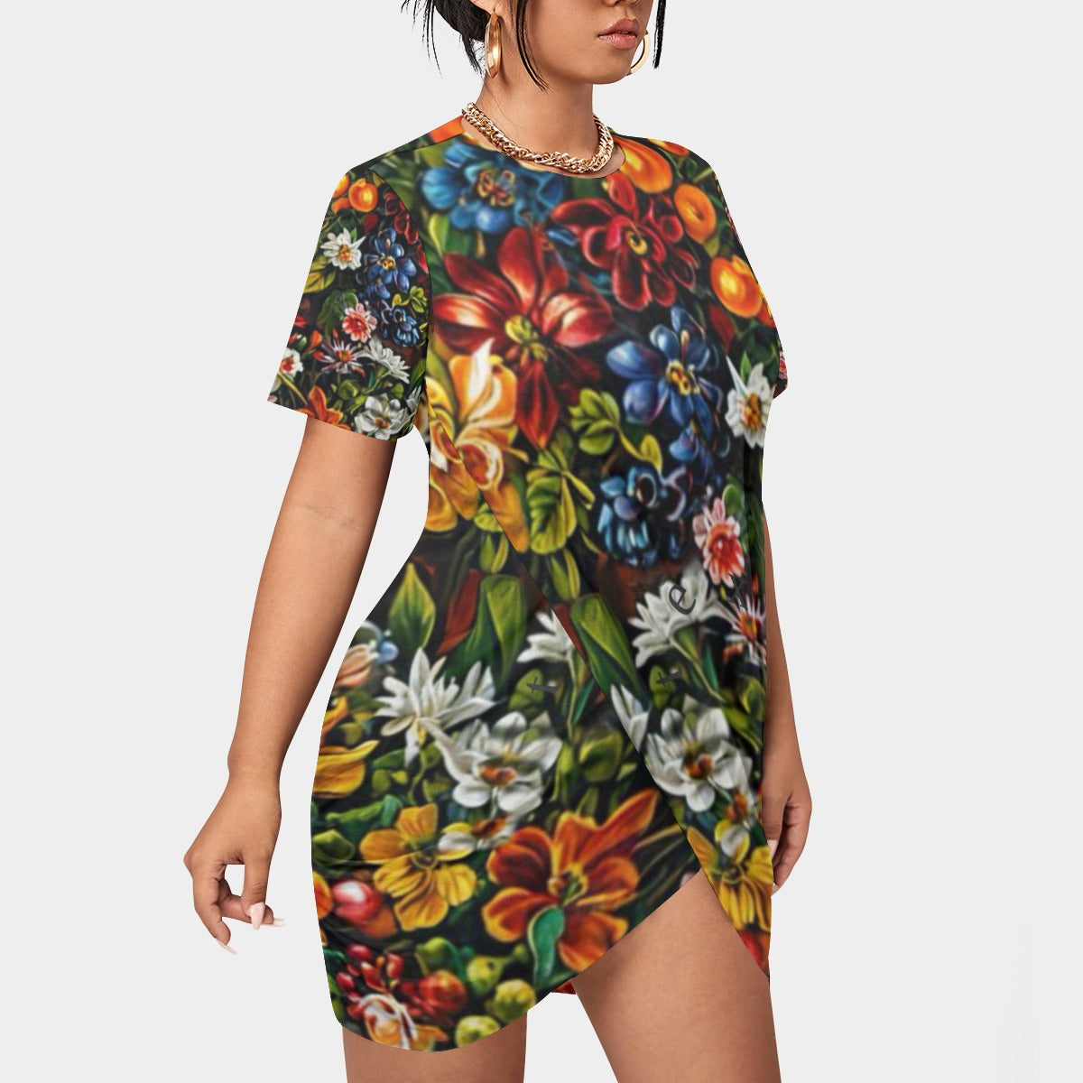 “Midnight Garden”  Women’s Stacked Hem Dress With Short Sleeve（Plus Size）
