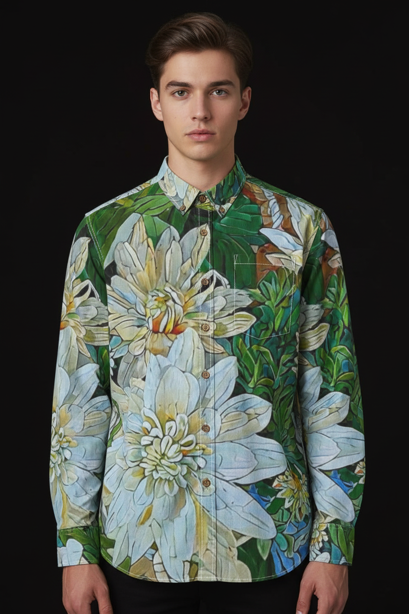 “White Floral Medley” Men's Casual Lapel Long Sleeve Shirt|125GSM Cotton