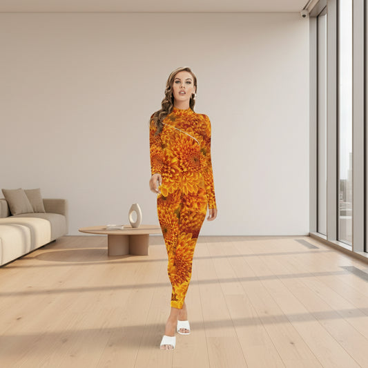 “Orange Chrysanthemum” Women's Long-sleeved High-neck Jumpsuit With Zipper