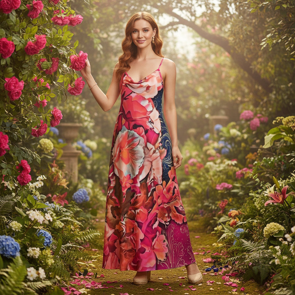 “Celestial Bloom” Women's Elegant V-Neck Maxi Dress