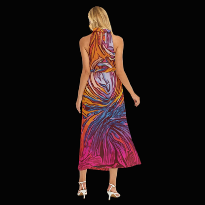 “Cyclonic” Women's Wrap Hem Belted Halter Dress