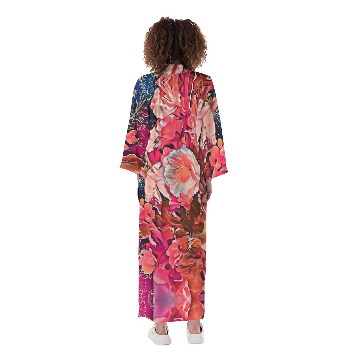 “Celestial Bloom” Women's Long Satin Kimono Robe