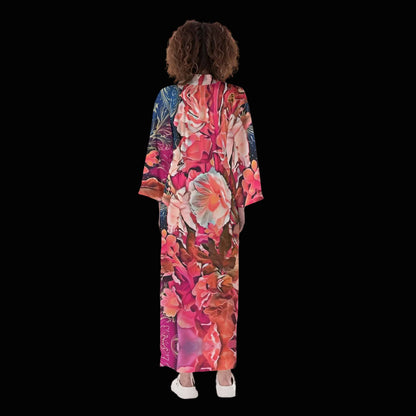 “Celestial Bloom” Women's Long Satin Kimono Robe