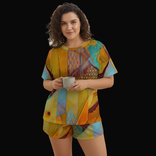 “Aqua Landscape” Women's Soft-Touch Pajama Set With Shorts