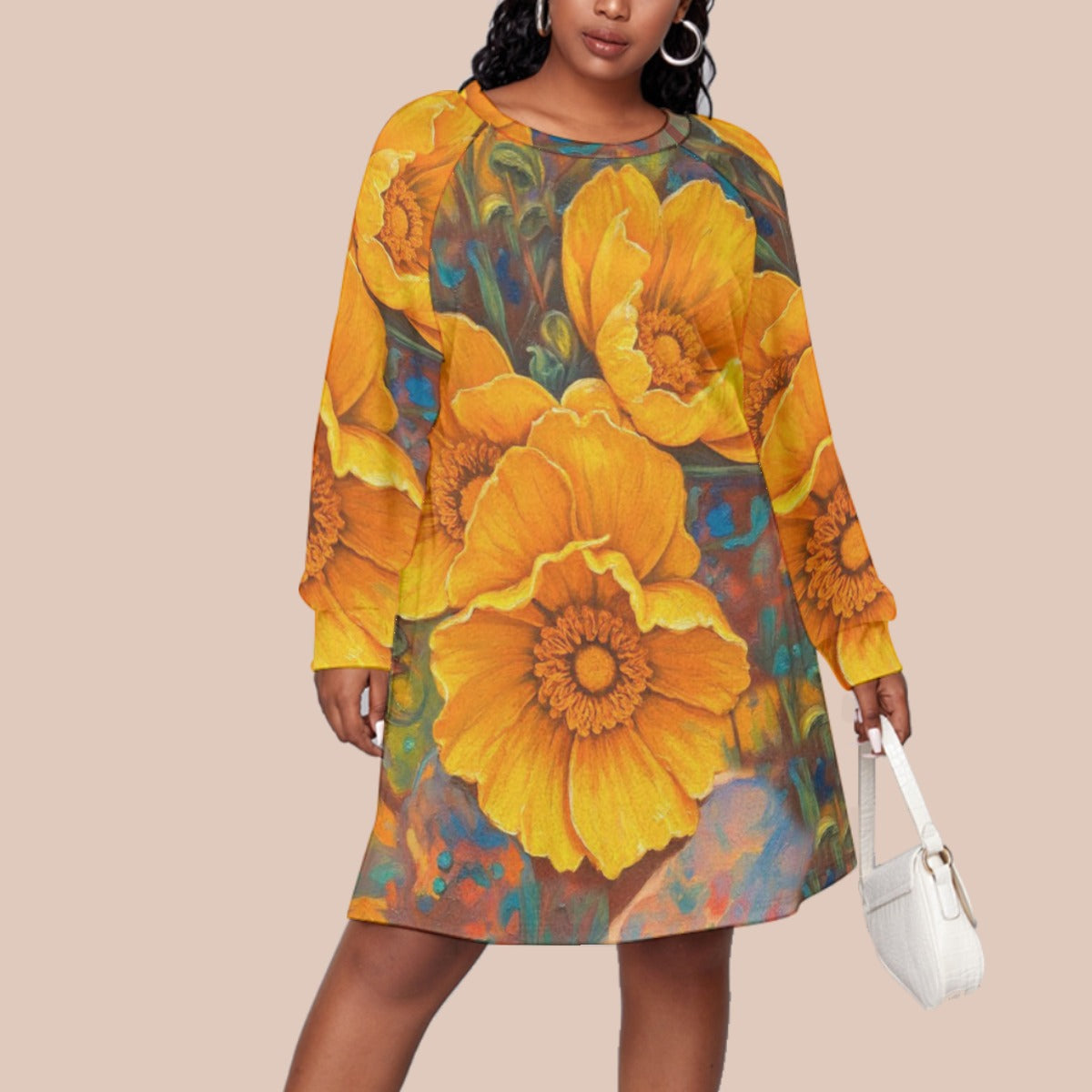 “Golden Cascade” Women's Dress With Raglan Sleeve(Plus Size)