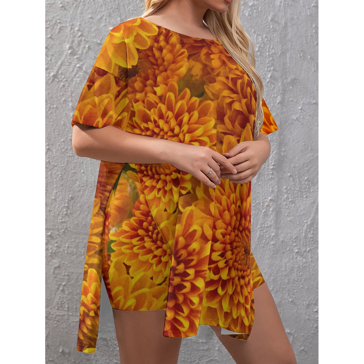 “Orange Chrysanthemum” Women's Drop-Shoulder T-Shirt with Side Split and Shorts (Plus Size)