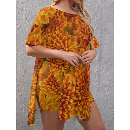 “Orange Chrysanthemum” Women's Drop-Shoulder T-Shirt with Side Split and Shorts (Plus Size)