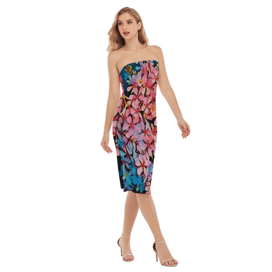 “Pink India Hawthorn” Women's Side Split Tube Top Dress